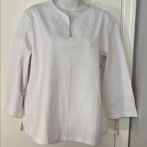 Denim & Co. Women's Top Large White 3/4 length sleeves with embroidery on bodice